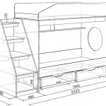 Чертеж двухъярусной кровати со ступенями и выдвижными ящиками