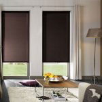 Brown roller blinds on the living room windows