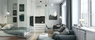 Glass partition in a one-room apartment with an area of ​​35 sq. m.